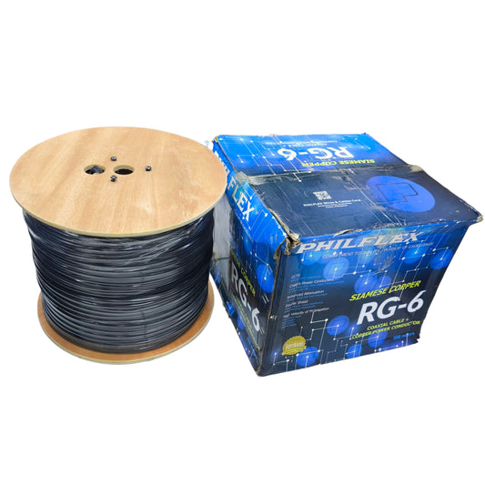 Philflex RG6 Siamese cable for CCTV on a spool with packaging for easy storage and transport