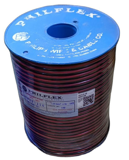 Philflex Speaker Wire AWG 16 spool with blue top and black and red wiring for audio connections