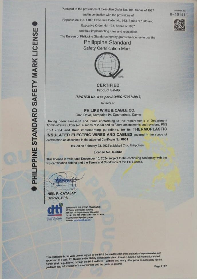 Philflex certified Philippine Standard safety license for stranded thermoplastic fixture wire product