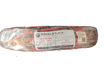 Philflex roll of red and black stranded thermoplastic fixture wire wrapped in plastic with label
