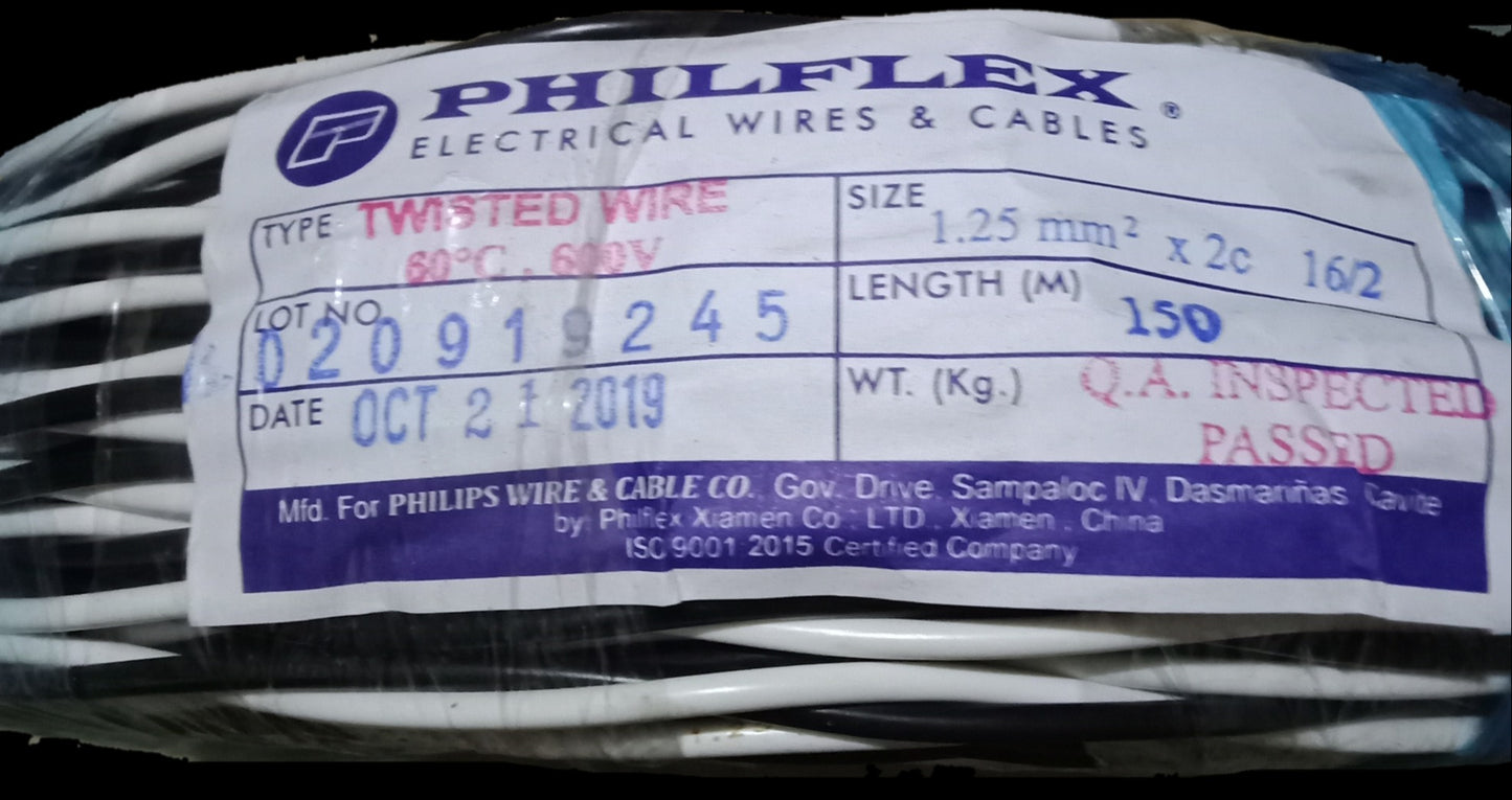 Philflex TF Wire AWG 16 Twisted in a bundle for electrical wiring applications, marked with inspection details