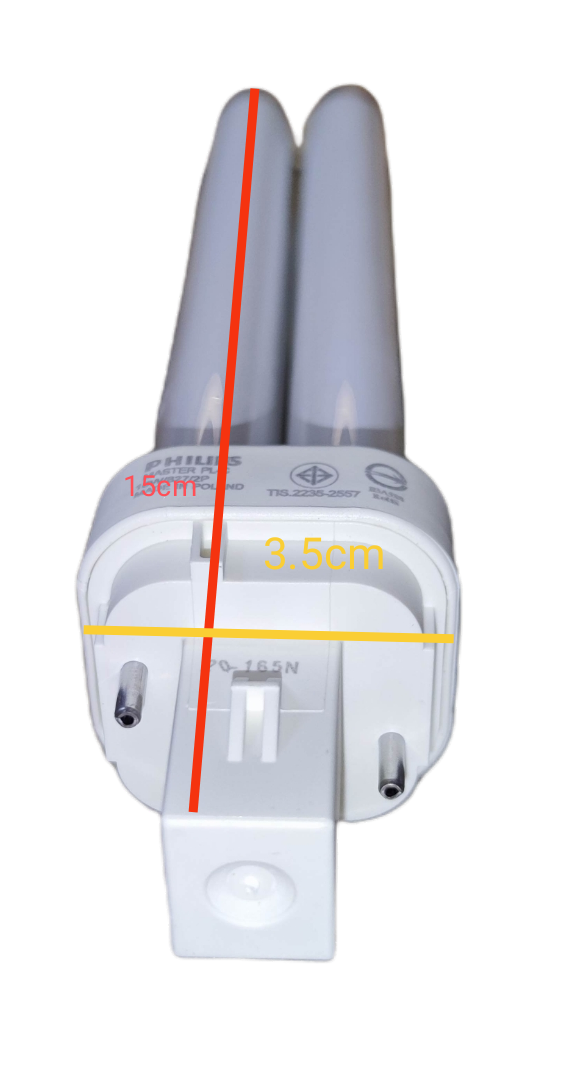 Philips 18W G24d-2 CFL bulb compact fluorescent twin tube with white base and measurement markings