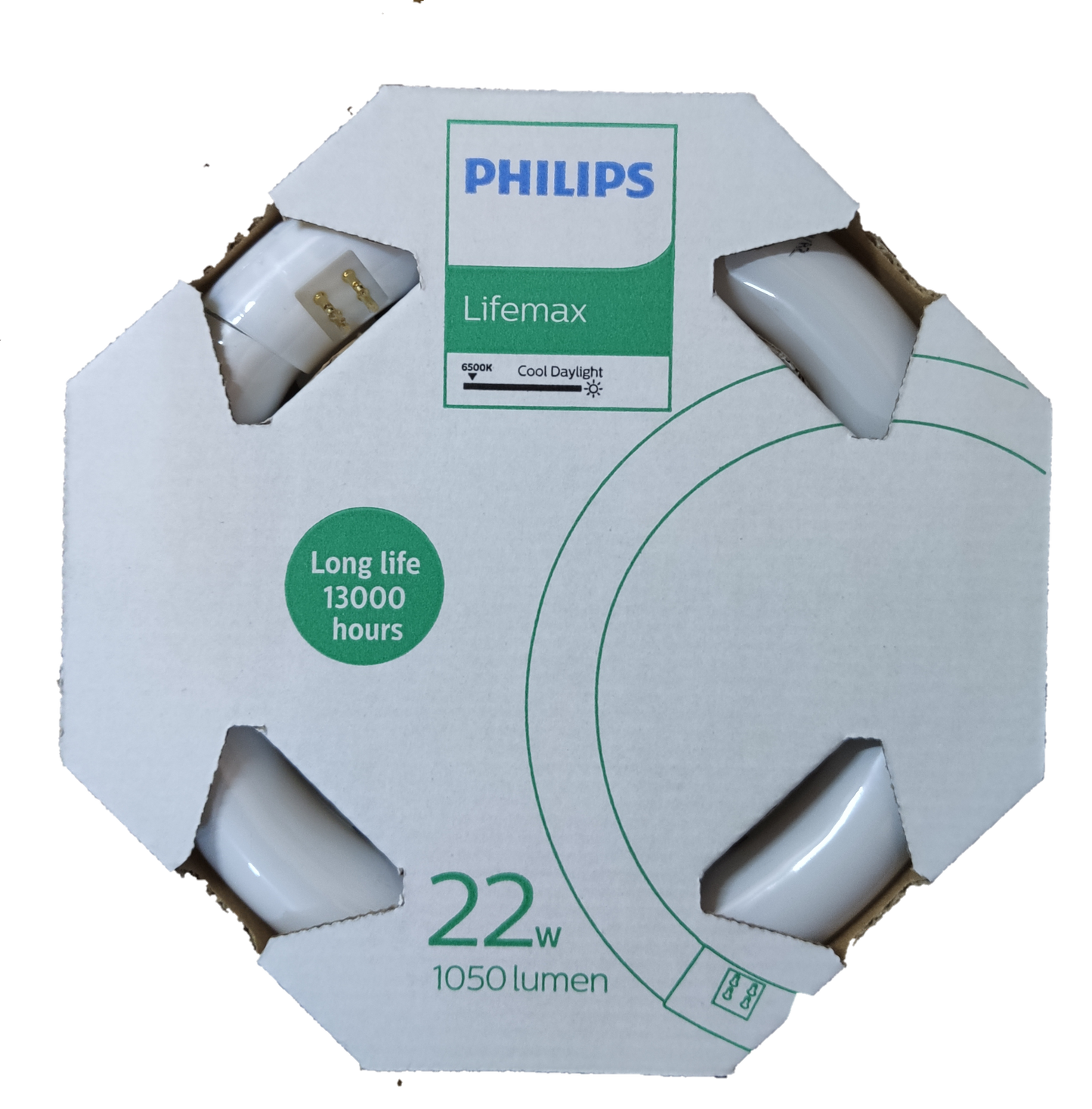 Philips Lifemax 22W Circular Tube Daylight 6500K in white octagonal retail box showing 22W 1050 lumen and long life