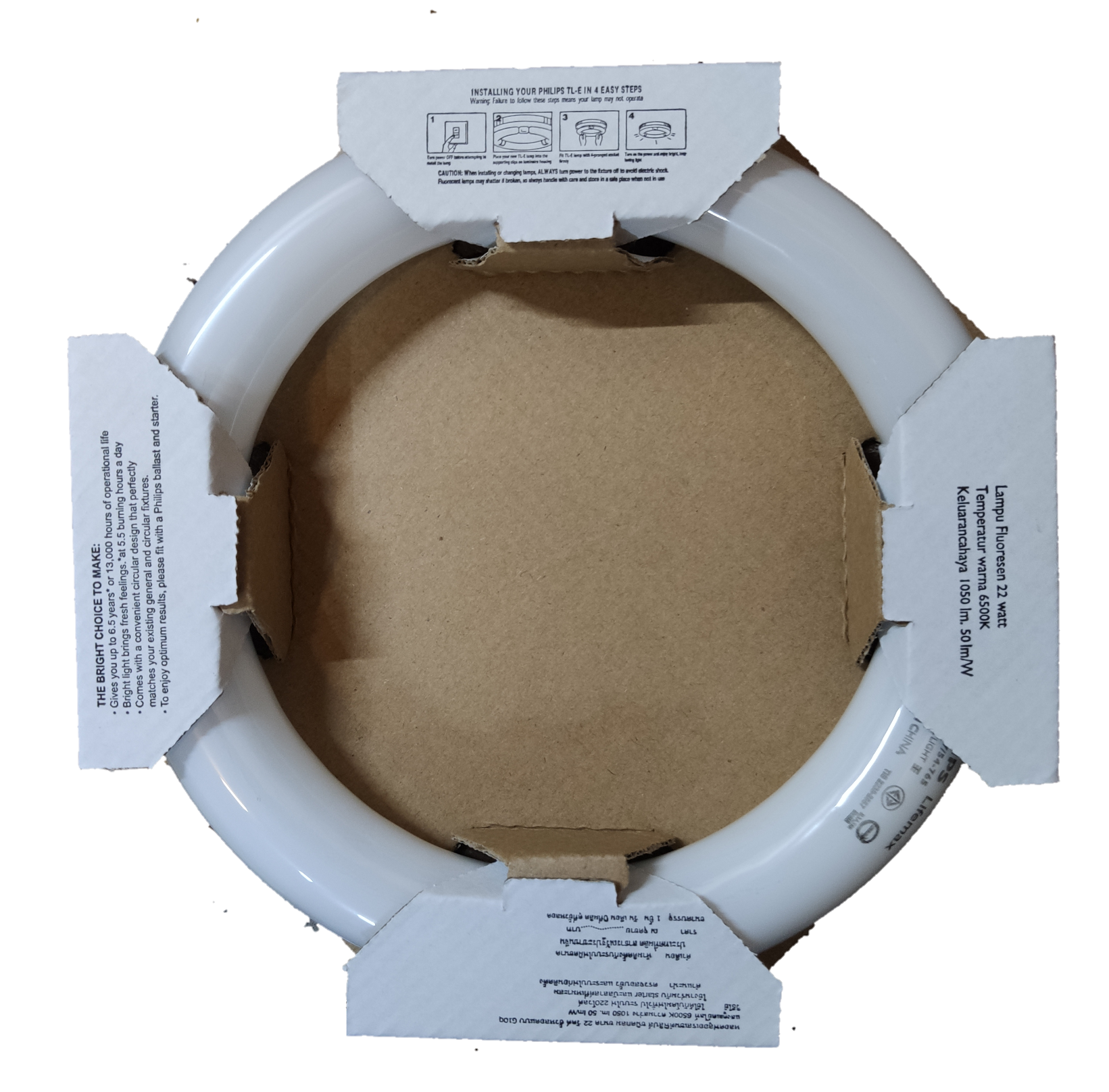 Philips 22W Circular Tube Daylight 6500K fluorescent tube top view in cardboard protective packaging