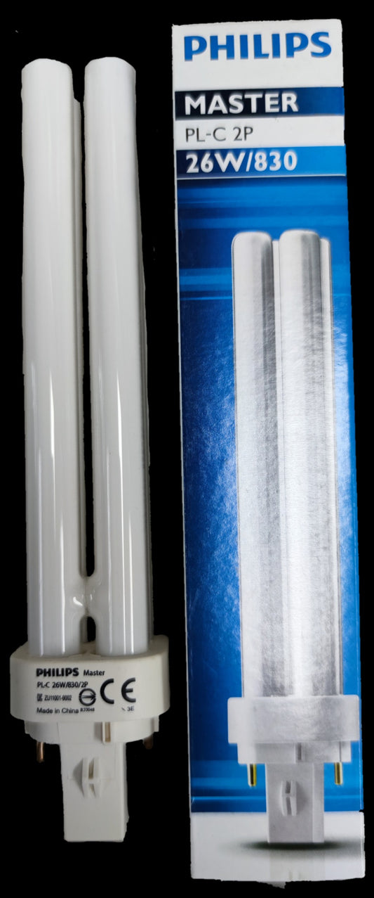 Philips 26W CFL Pinlight compact fluorescent bulb next to its blue and white packaging box