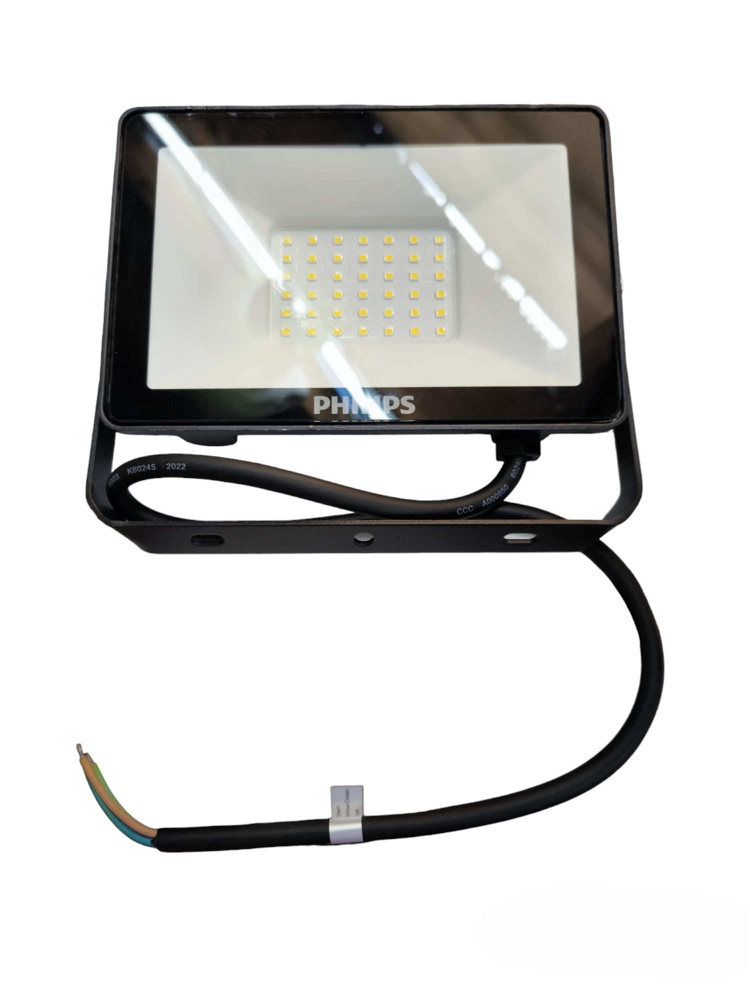 Philips 30W outdoor LED floodlight 220V with black frame and attached cable for outdoor lighting
