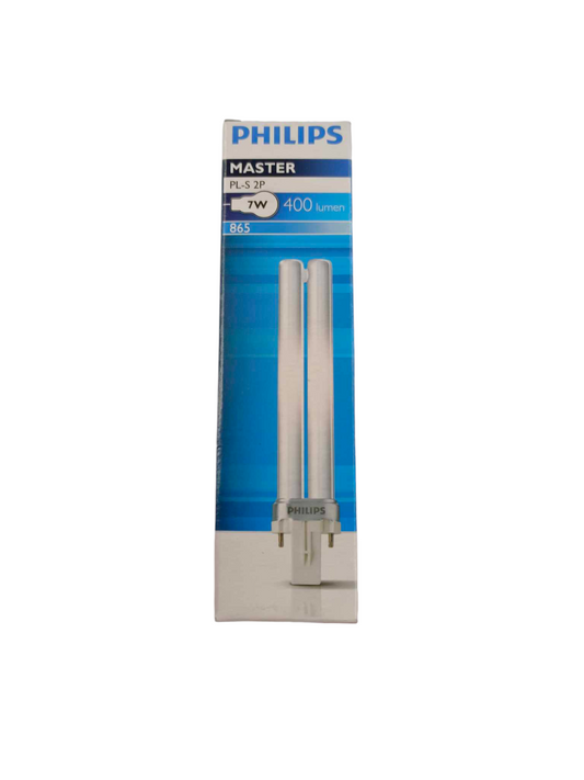 Philips 7W Pinlight Daylight G23 Socket compact fluorescent bulb packaging with two bulbs