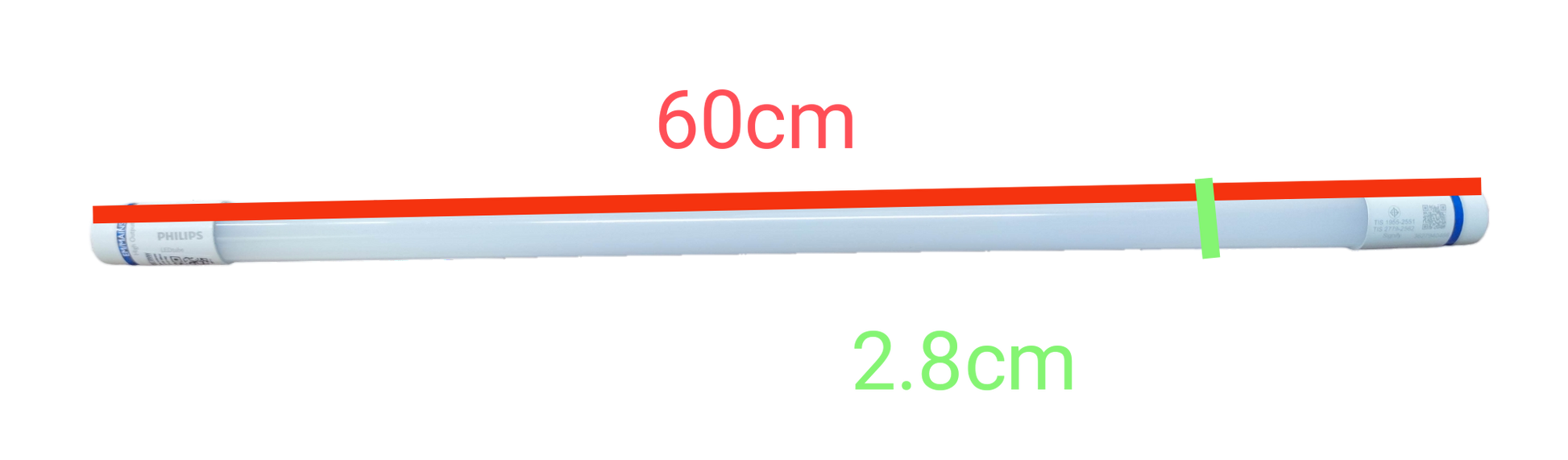 Philips 8W LED fluorescent tube measuring 60cm in length and 2.8cm in diameter