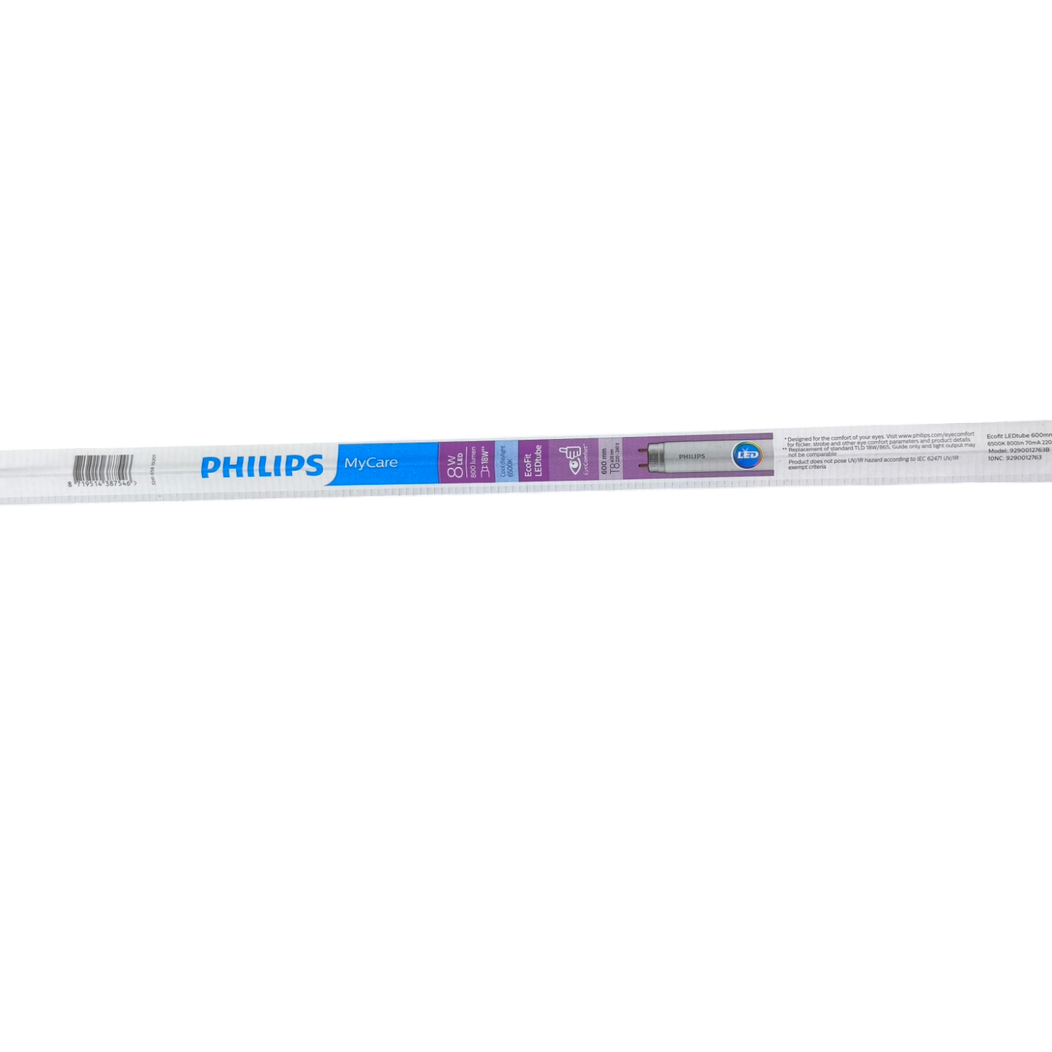 Philips 8W T8 LED tube 600mm in white packaging with branding and product details
