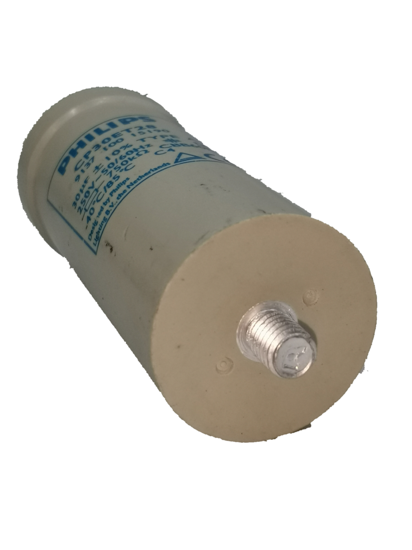 Philips Capacitor CP30ET28 30UF electrical component with cylindrical body and metal terminal