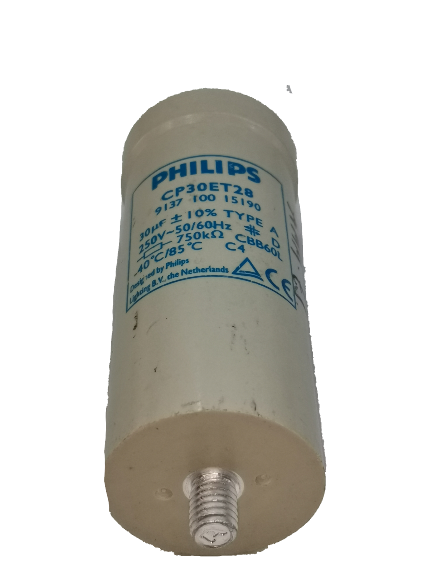 Philips Capacitor CP30ET28 30UF electrical component with white casing and metal terminal