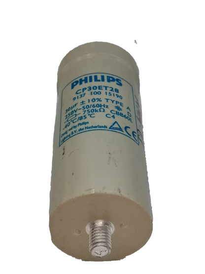 Philips Capacitor CP30ET28 30UF electrical component with white casing and metal terminal