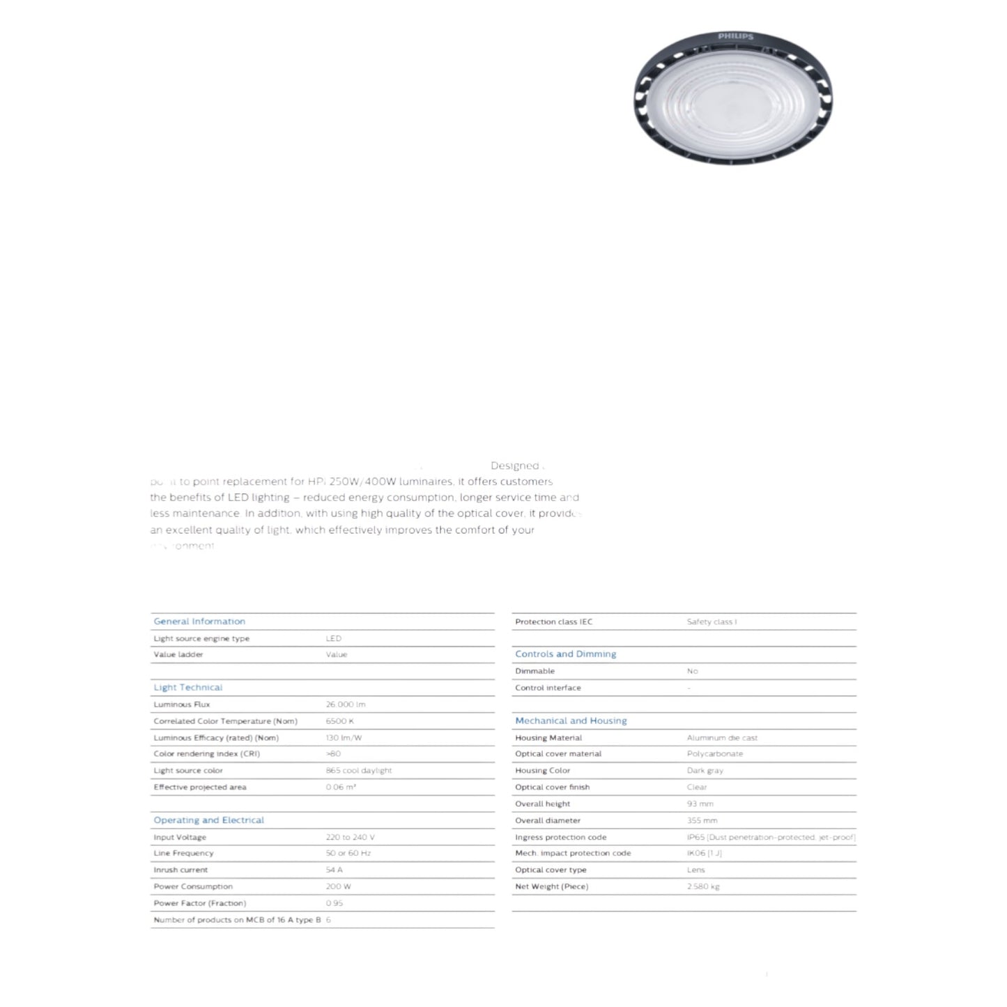 Philips LED High Bay Light 200W UFO Cool White 220V BY239P LED260/CW PSU GM G2 200W