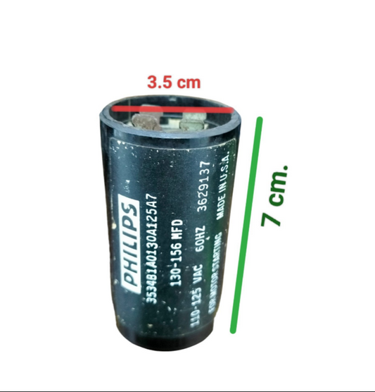 Philips motor starting capacitor 130-156UF with dimensions of 3.5 cm by 7 cm for electrical applications