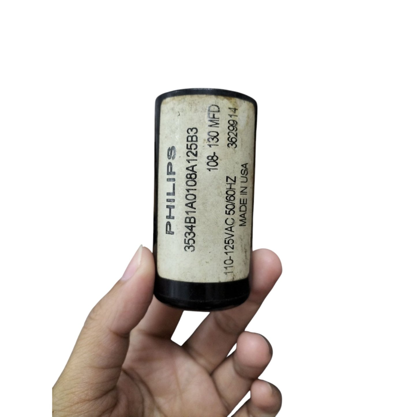 Philips Starting Capacitor 108-130 MFD with specifications label for electrical applications