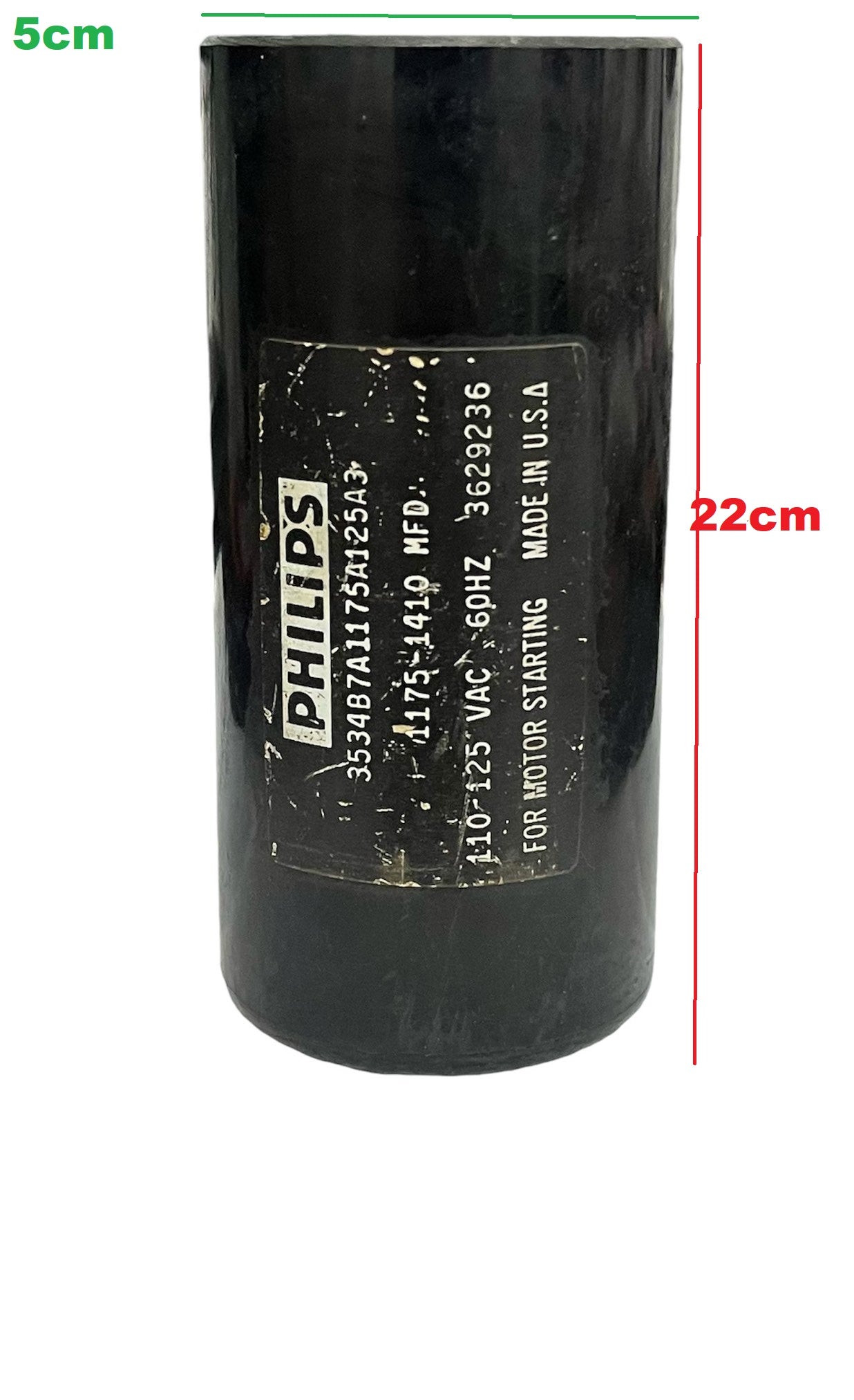 Philips Starting Capacitor 1175-1410MFD black cylindrical electrical component for motor starting