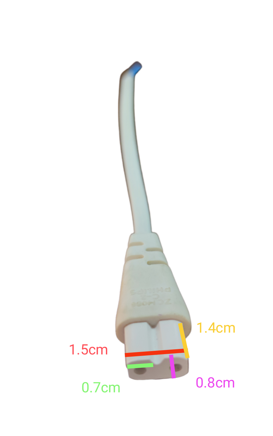 White Philips T5 batten connector wire adapter with measurements on black background