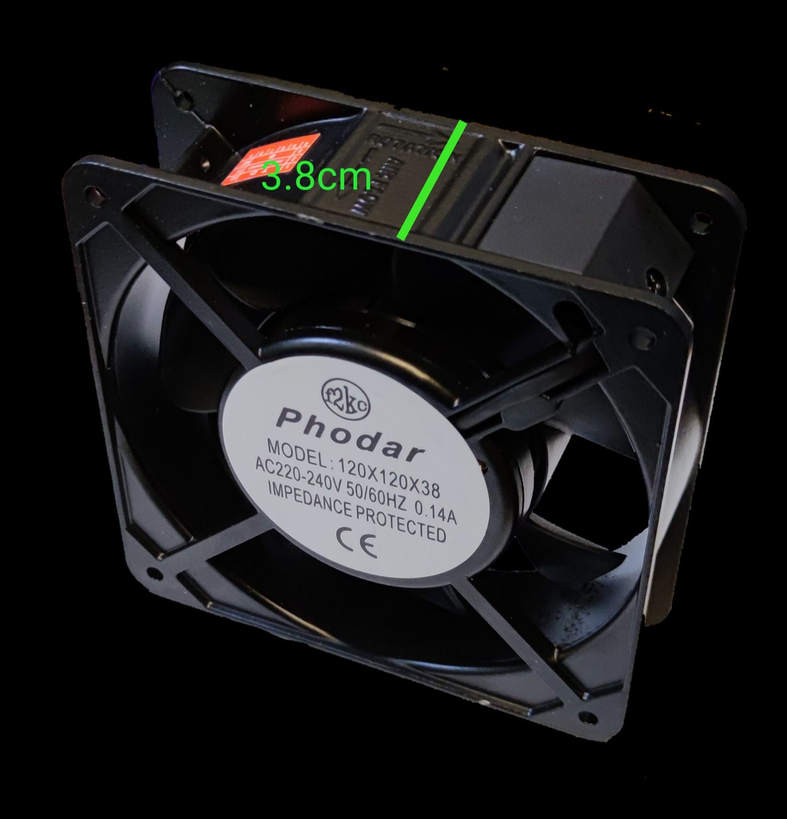 4x4 exhaust fan 220V in black with square frame and electrical specifications label
