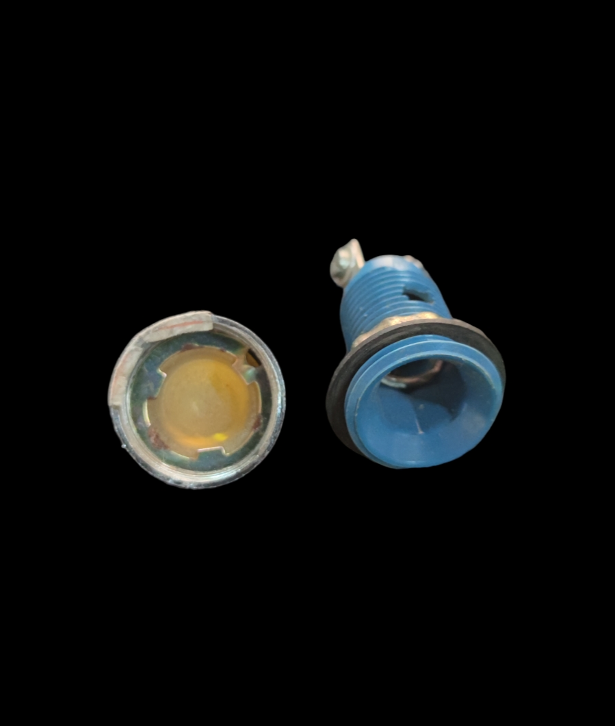 Pilot Lamp Fixture E10 14mm blue work and safety light parts from Taiwan shown against black background
