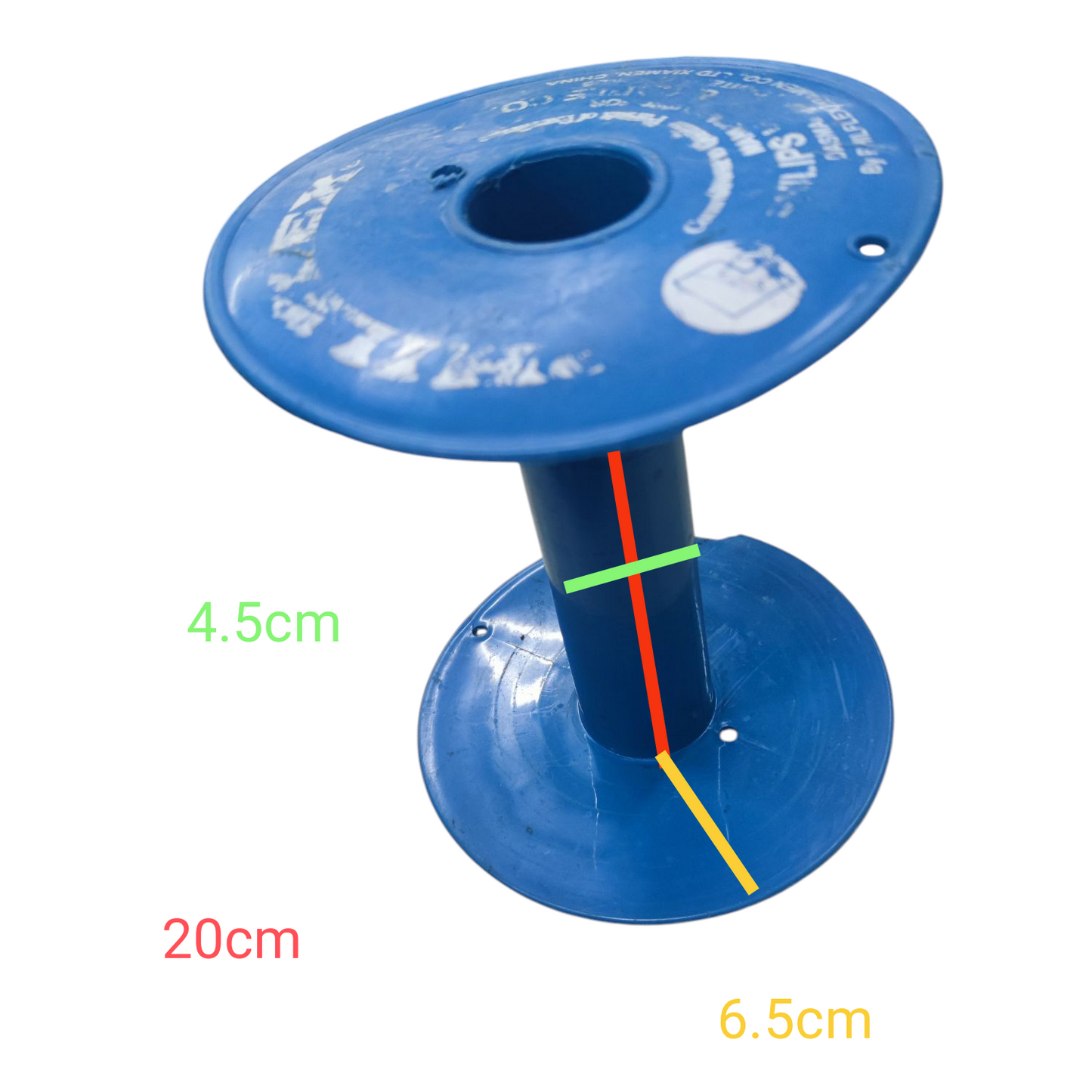Plastic Long Spool 20cm in blue color with 4.5cm and 6.5cm diameter ends for tape applications
