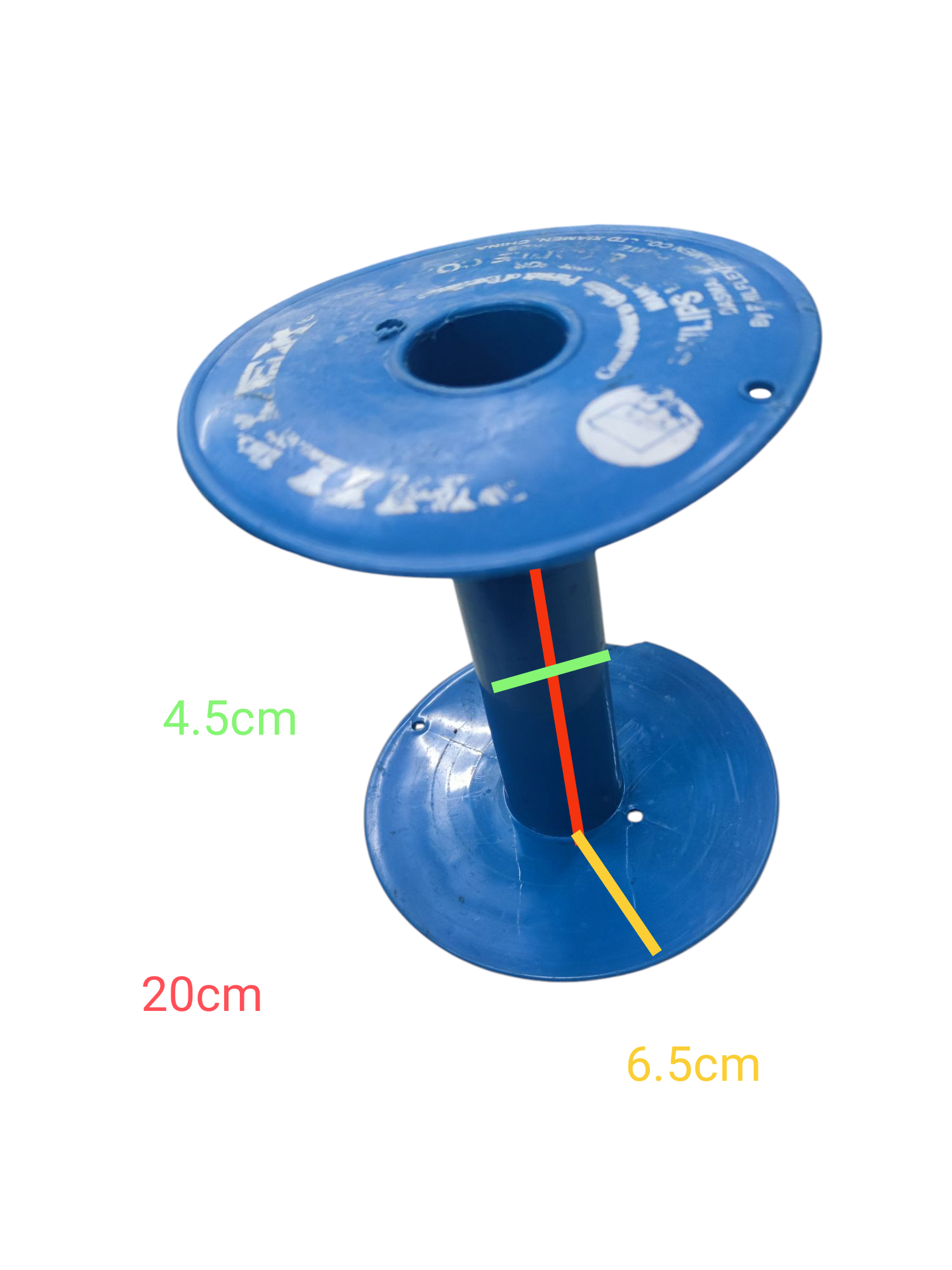 Blue Plastic Long Spool tape dispenser measuring 20 cm height and 6.5 cm base diameter