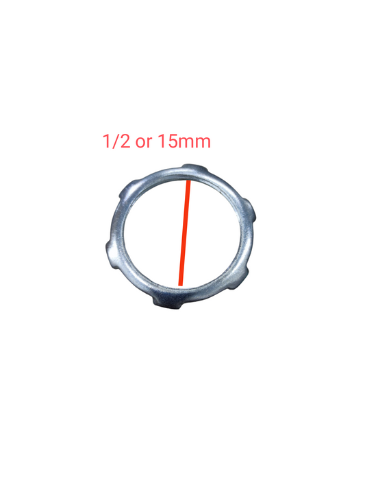 Local metal locknut for conduit showing lobed design and half inch or 15mm size Locknut for RSC Pipes 15mm