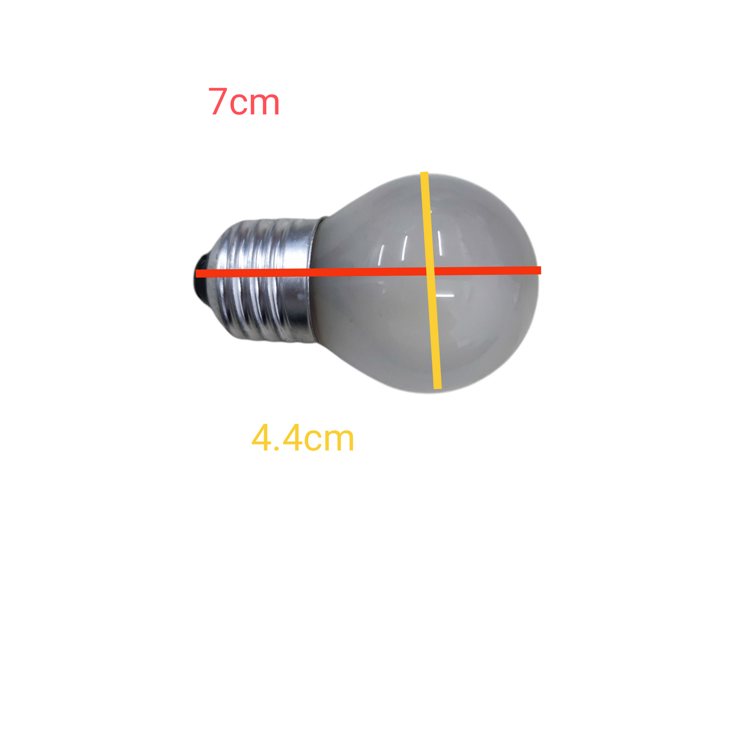 Pollux 40W incandescent bulb with a spherical design measuring 7cm in height and 4.4cm in diameter.