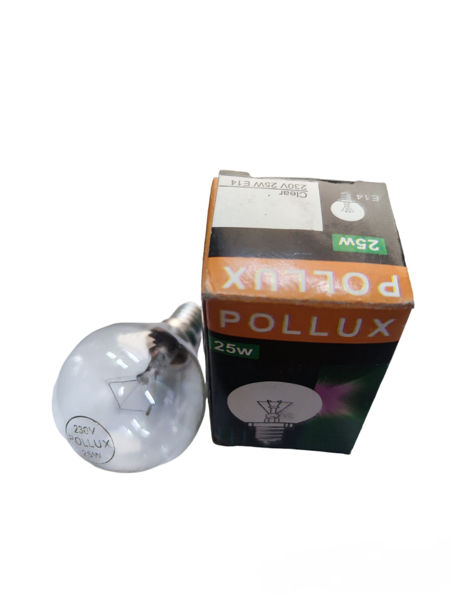 Pollux Incandescent Bulb Lustre Lamp 25W clear globe shown next to orange black Pollux packaging