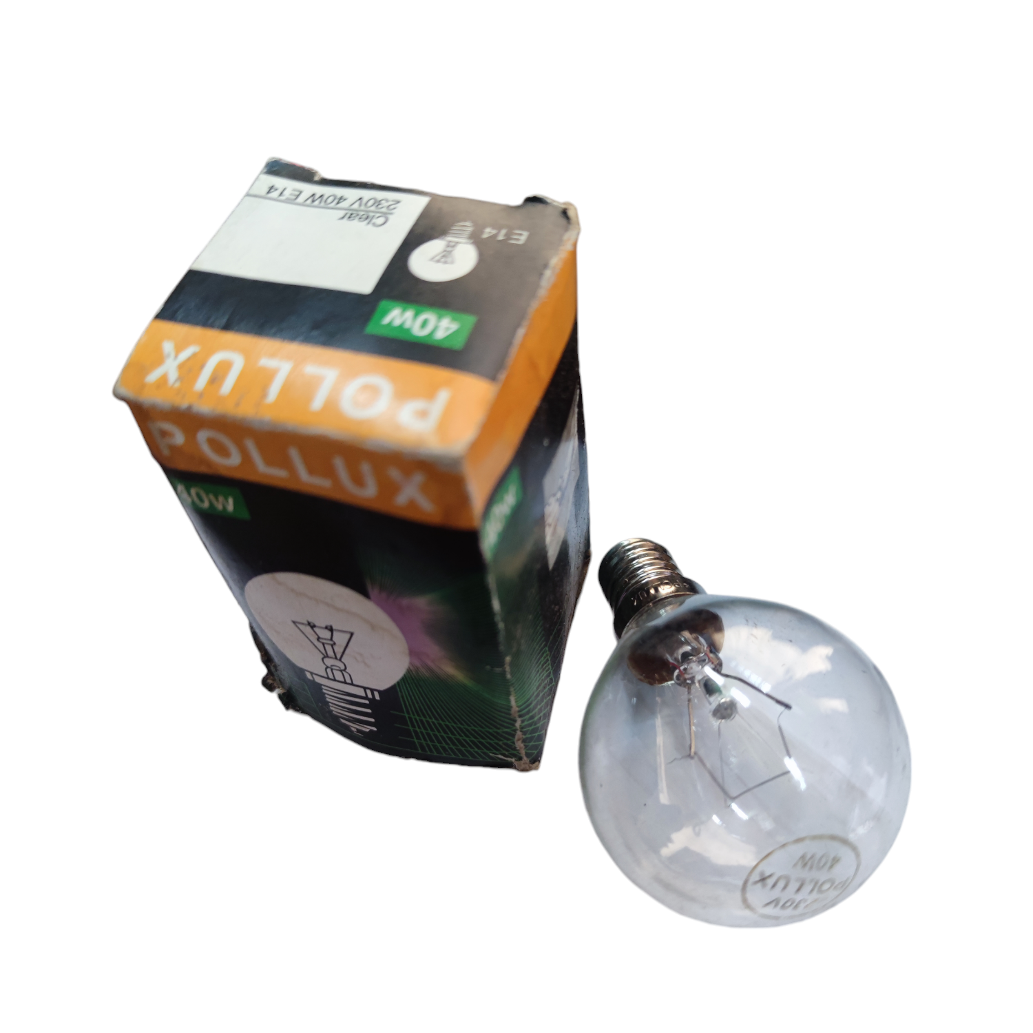 Pollux Incandescent Bulb Lustre Lamp 40W clear globe bulb with screw base beside original Pollux packaging