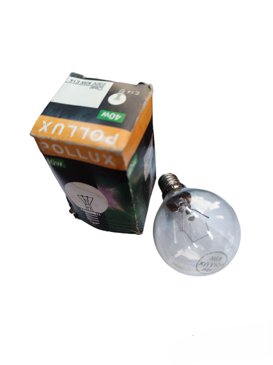 Pollux Incandescent Bulb Lustre Lamp 40W clear globe bulb with screw base beside original Pollux packaging