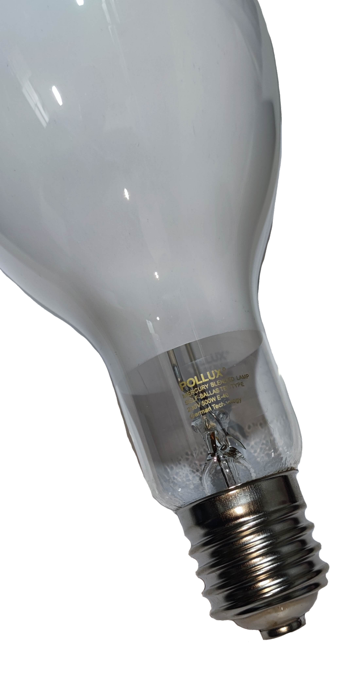 Pollux Mercury Lamp 500W E40 220V metal screw base industrial white glass bulb close up