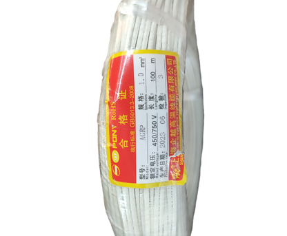 Spool of white silicone insulated wire with label showing specs 1.0mm silicon wire high temperature from China vendor