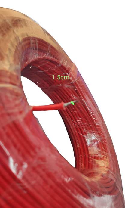 Grippes red coiled Silicon Wire 1.50 mm Fiberglass Cable on wooden spool showing insulated conductor and 1.5 cm mark