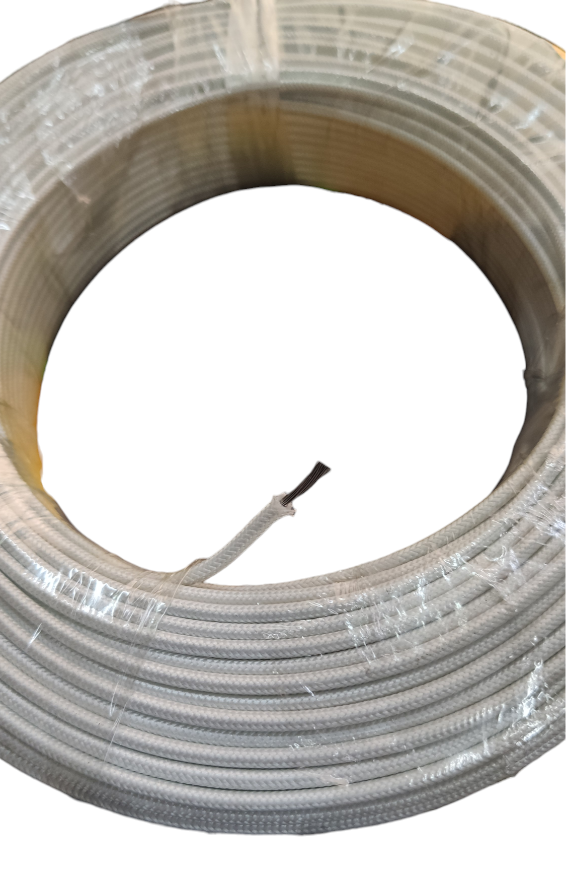 Grippes coil of white braided Silicon Wire 1.50 mm Fiberglass Cable showing stripped conductor end and plastic wrap
