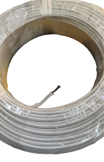 Grippes coil of white braided Silicon Wire 1.50 mm Fiberglass Cable showing stripped conductor end and plastic wrap