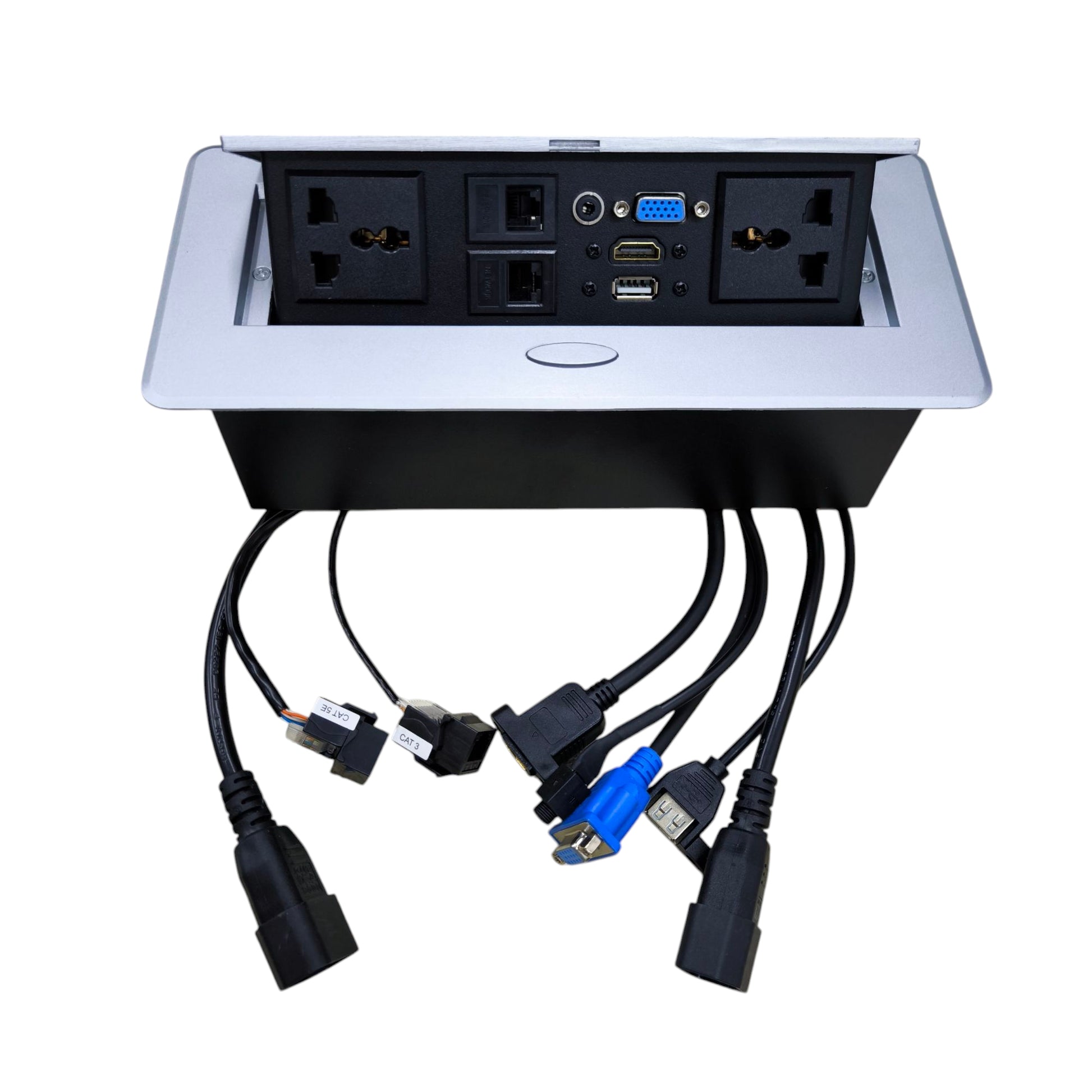 Grippes pop up electrical outlet with USB and HDMI for convenient access to power and media connections