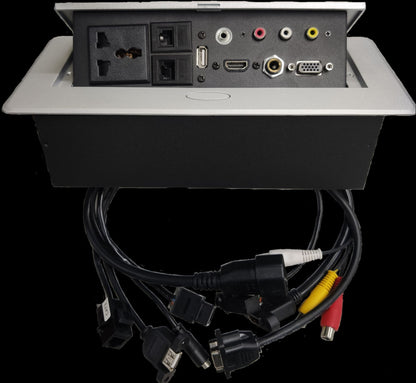 Grippes pop up table top multimedia outlet with multiple ports for connectivity