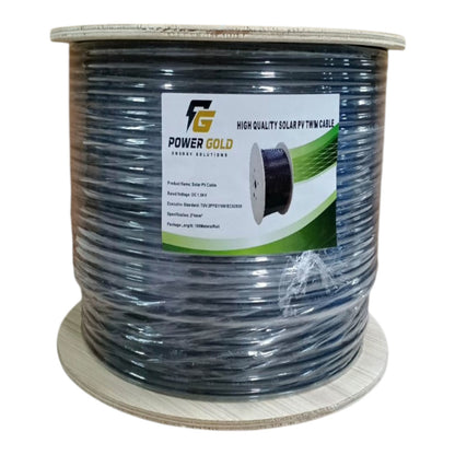 Power Gold Solar PV Twin Cable 100-meter spool with product label showing 2x4mm² specification