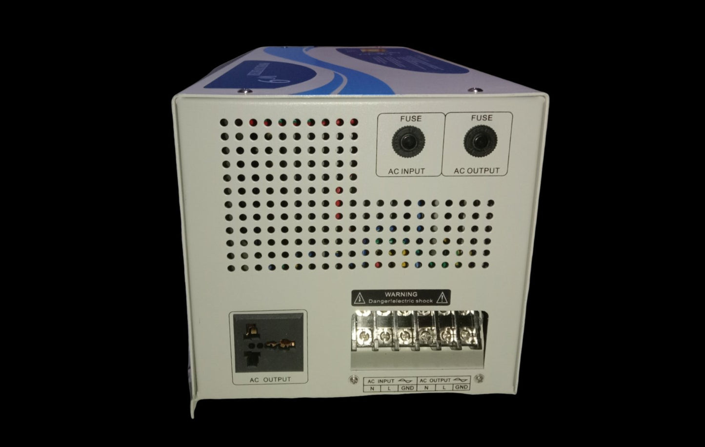 Denko 2000W Inverter 12VDC to 220V AC with AC output, fuses, and ventilation holes