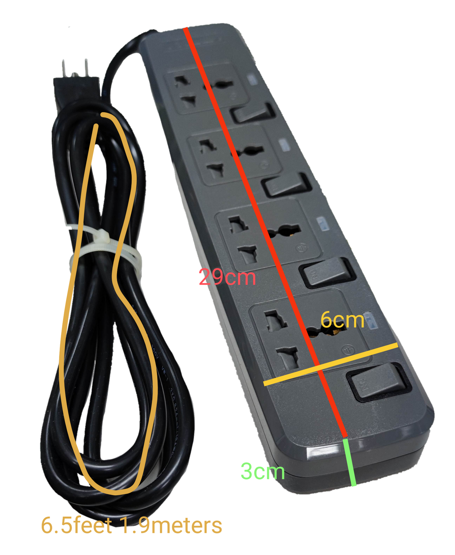 Royu power strip with 4 outlets with individual switch and 6.5 feet extension cord
