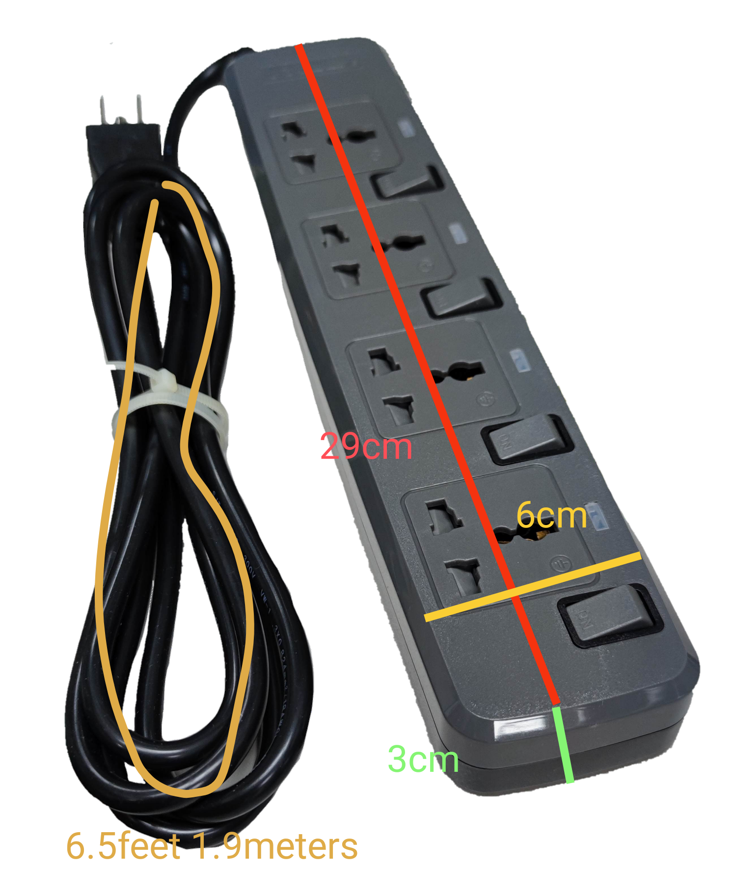 Royu power strip with 4 outlets with individual switch and 6.5 feet extension cord