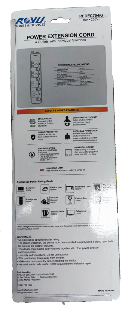 Royu power extension cord packaging showing 4 outlets with individual switch features and technical specifications