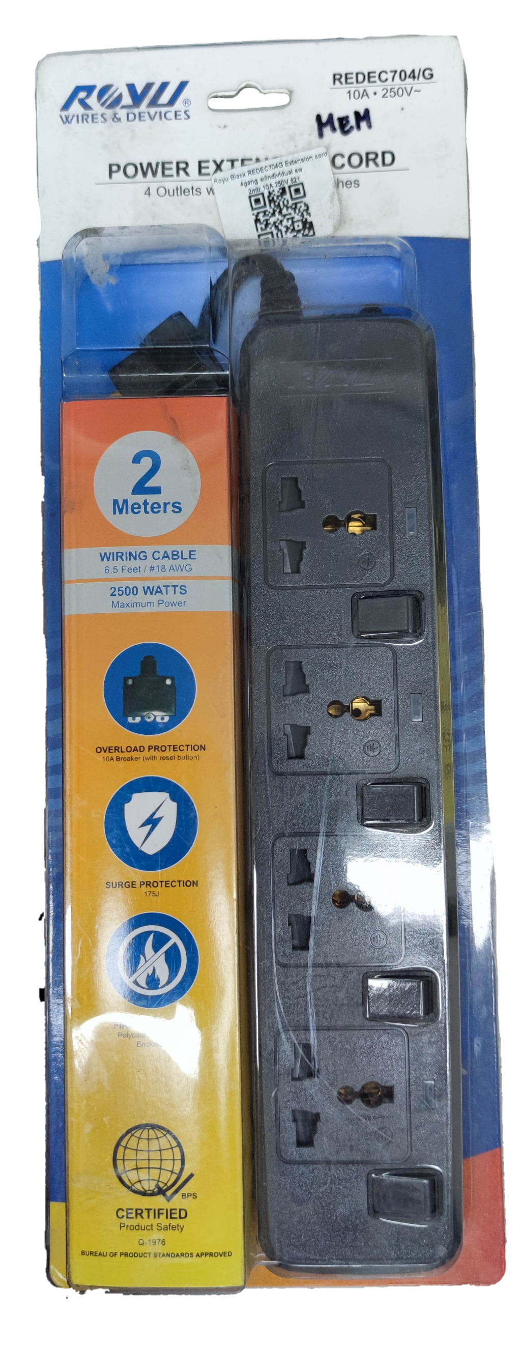 Royu power strip with 4 outlets with individual switch and 2 meters wiring cable for home use