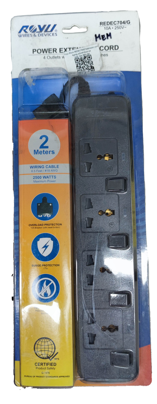 Royu power strip with 4 outlets with individual switch and 2 meters wiring cable for home use