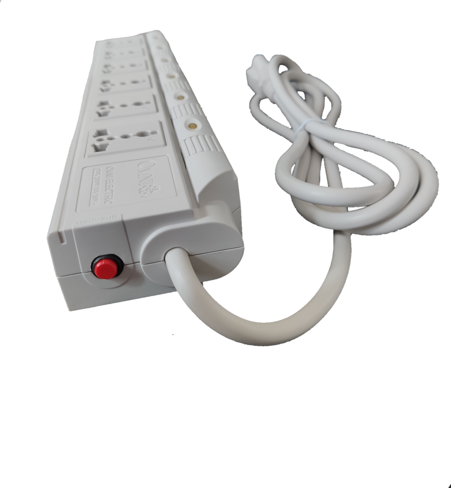 Omni power strip with individual switches showing multiple outlets and long white cord on black background