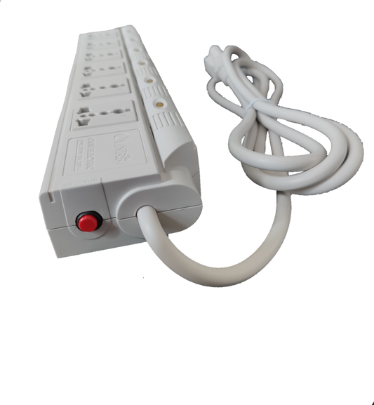 Omni power strip with individual switches showing multiple outlets and long white cord on black background