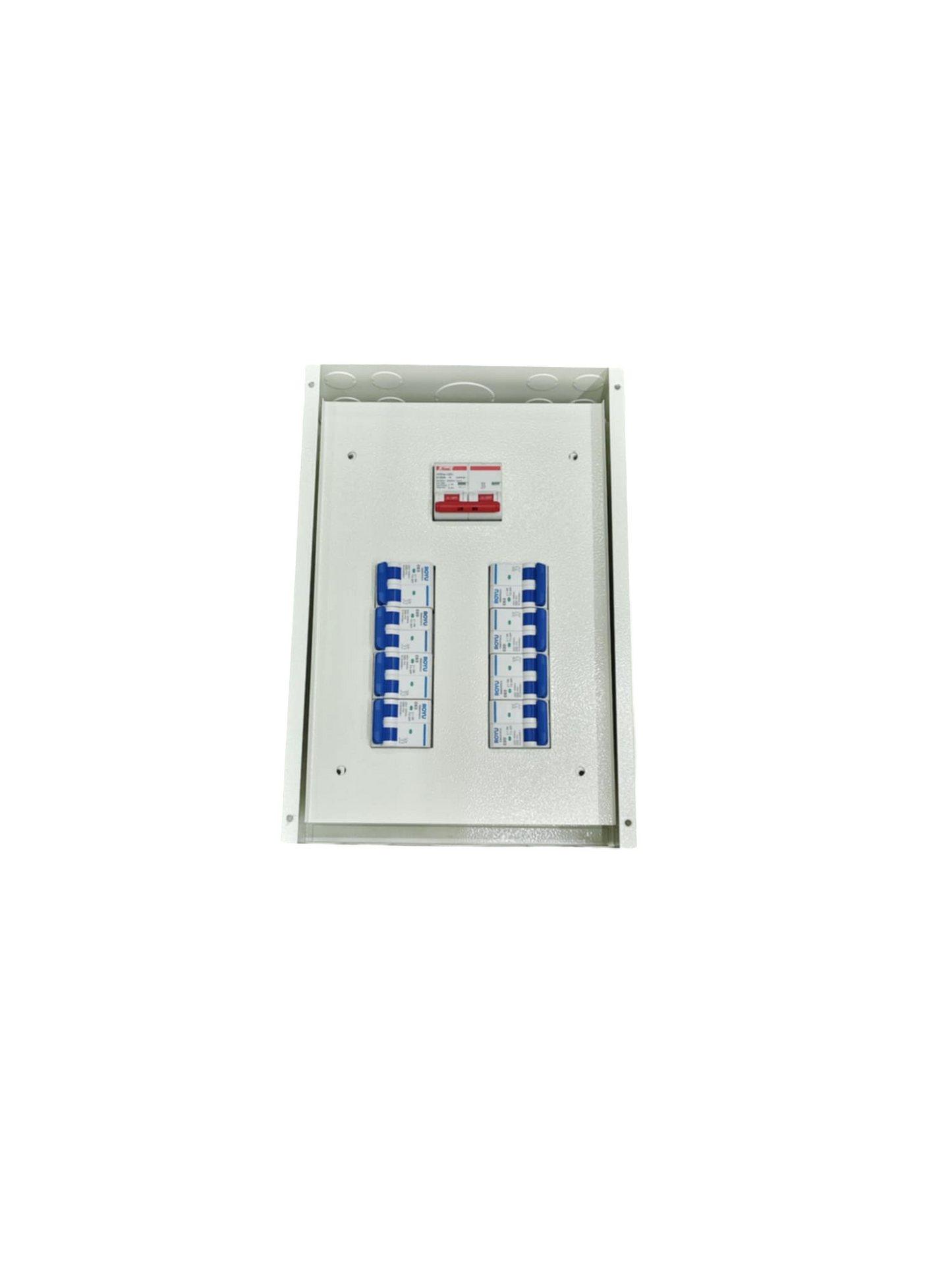 White metal electrical panel showing 100A 2P panel board with circuit breakers. Dual columns of blue breakers