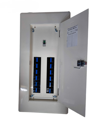 Koten electrical distribution panel open door showing rows of breakers 12 Branches 150A 2P Main with B-On Branches