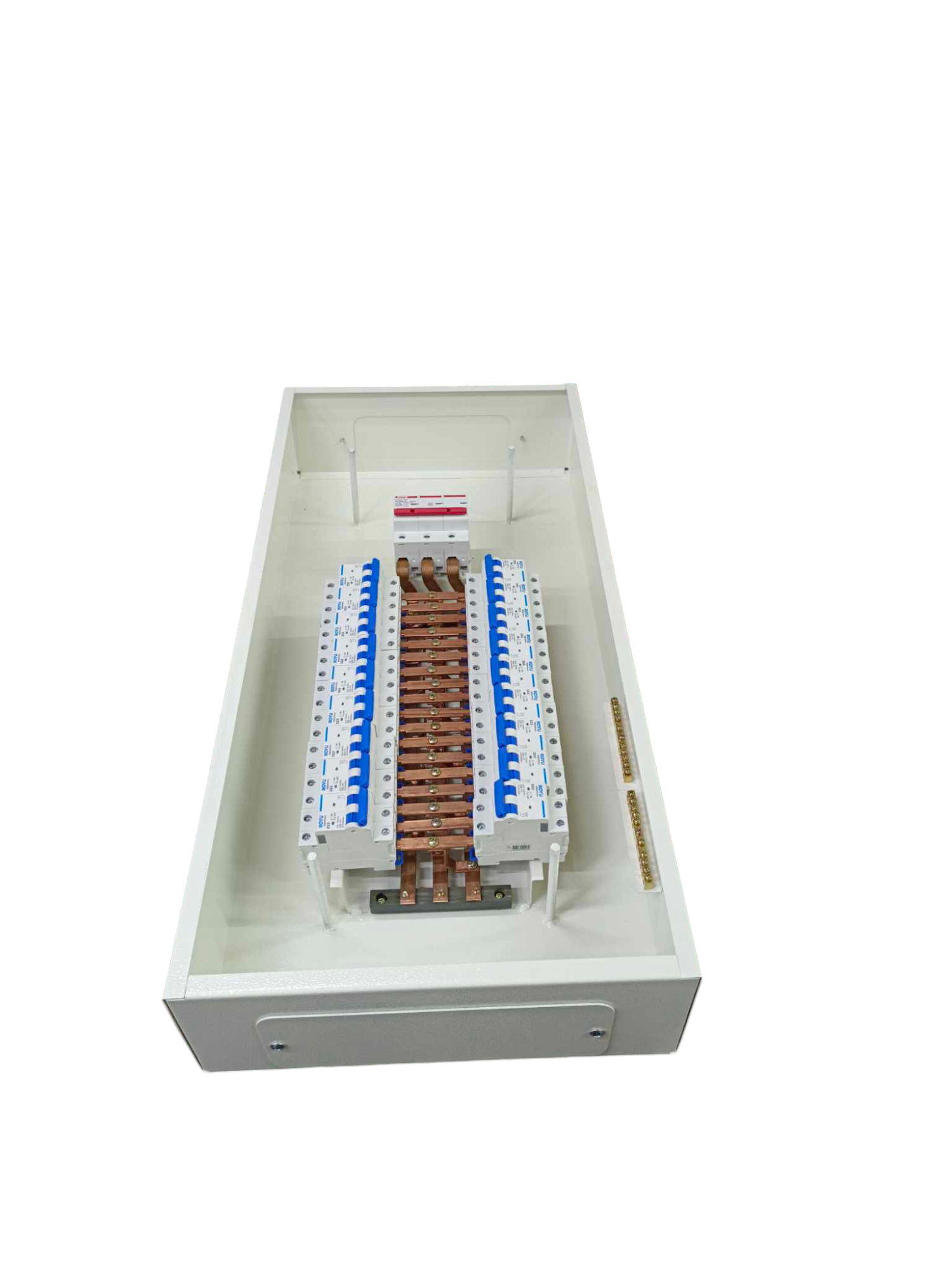 Himel and Royu 125A panel board 3 phase 18 Branches white metal enclosure with copper busbars and blue circuit breakers