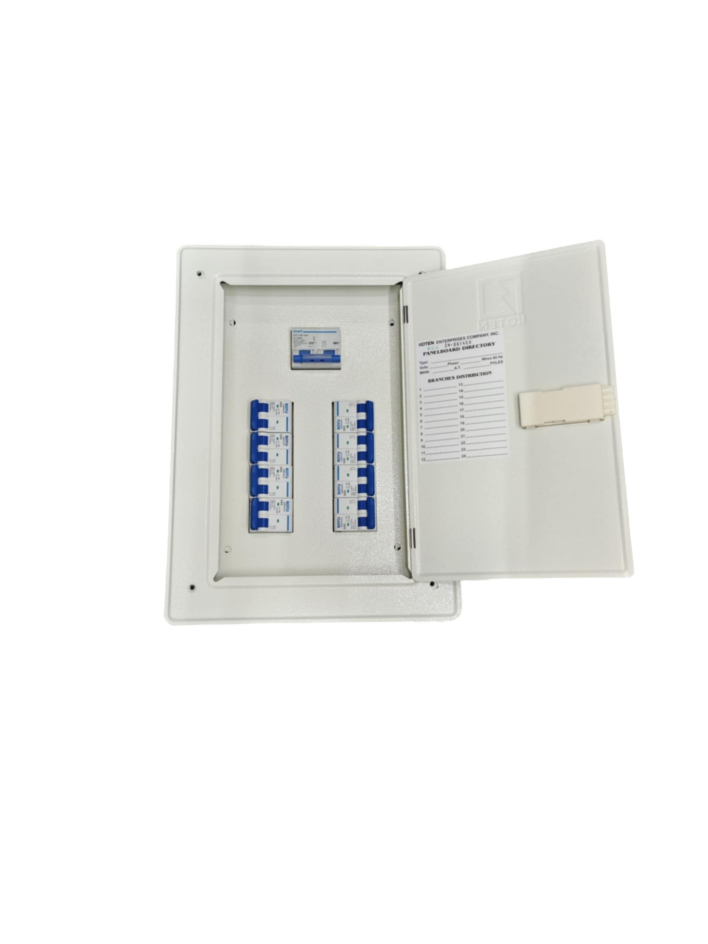 Chint Koten Royu white recessed MCB panel box open showing blue 2P breakers and labels 8 Branches with 100A 2P for MCB Panel Box.